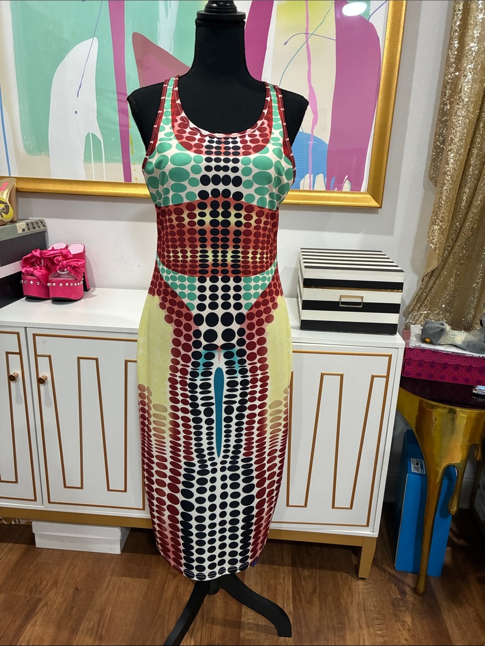 Sleeveless Multicolor Dot-Print Midi Dress